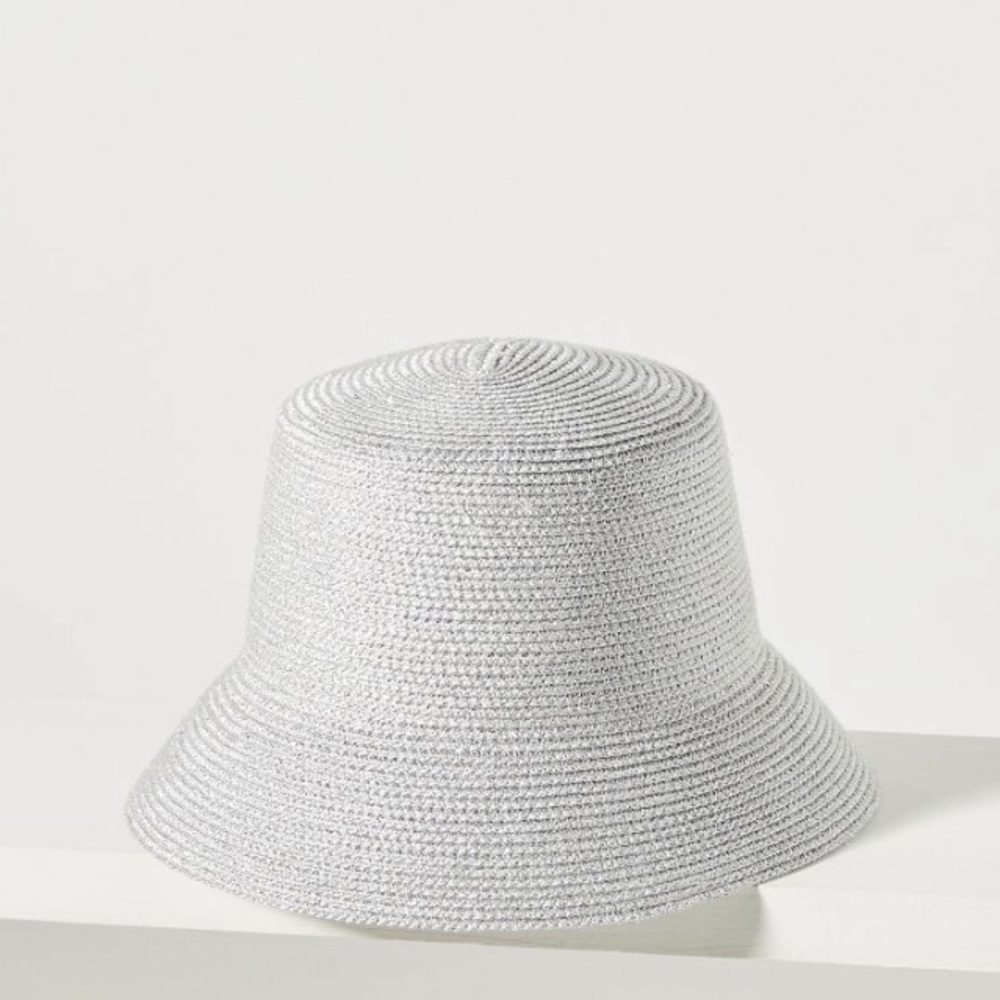 Anthropologie Raffia Shimmer Bucket Hat in Silver NWT